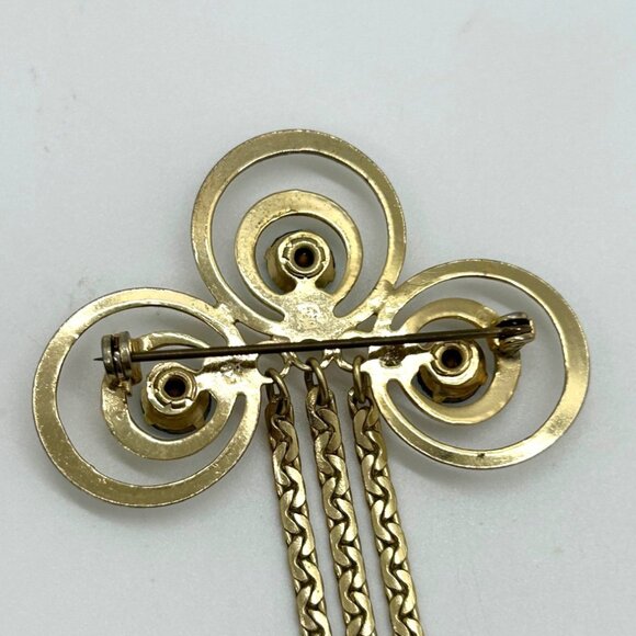 Vintage Gold-Tone Brooch With Aqua Blue Rhinestones & Dangle Chains 1950-60s - Picture 8 of 9